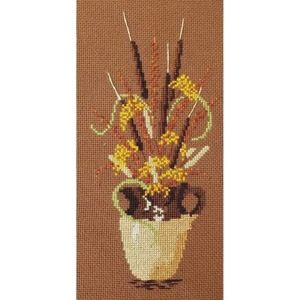 Vintage 1970s Hand Stitched Cross Stitch Needlepoint Wall Art Set of 3 Floral